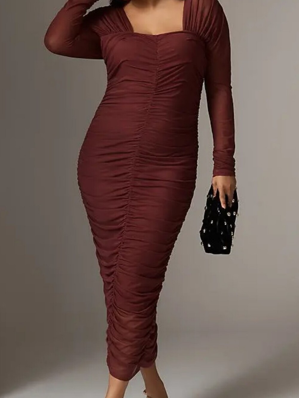 NWT Anthropologie Long Sleeve Ruched Slim Midi Dress In Wine